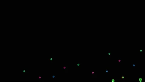 Rainbow big rockets and tiny small neon light sign elements slow flying on black Stock Footage 137882876