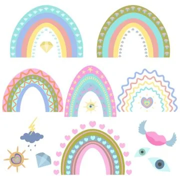 Rainbow. Boho style. Vector set of illustrations. Stock Illustration