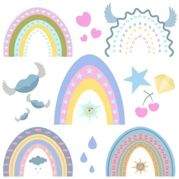 Rainbow. Boho style. Vector set of illustrations. Stock Illustration