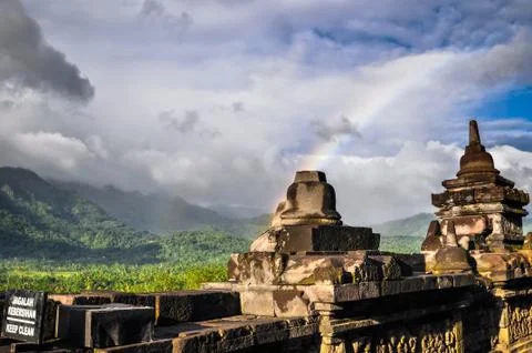 Rainbow borobudur complex in yogjakarta in java Stock Photos