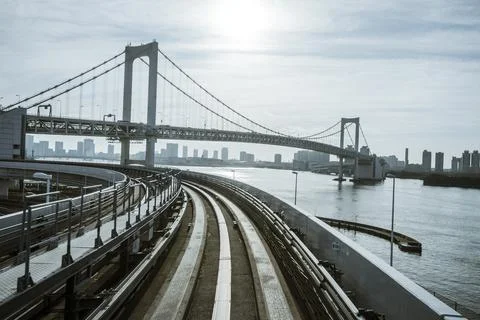 Rainbow bridge and elevated monorail road in Tokyo 스톡 사진