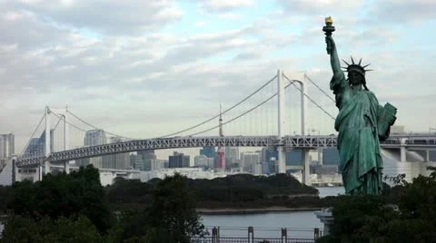 Rainbow Bridge And Statue Of Liberty Stock Footage 12360131