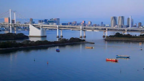 Rainbow Bridge, Tokyo Tower, and Passing Ships at Dusk Видео 330342419