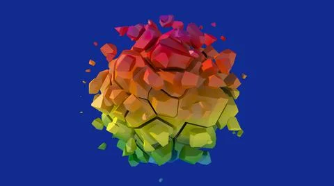 Rainbow broken sphere. Blue background. Abstract illustration, 3d render. Illustrazione stock