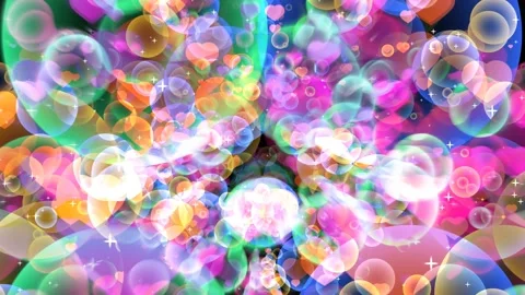 Rainbow bubbles with hearts floating on black screen with white star theme Stock Footage 147113267