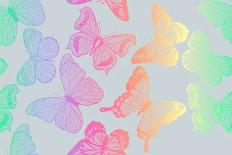 Rainbow butterflies on a light gray background, seamless pattern Stock Illustration