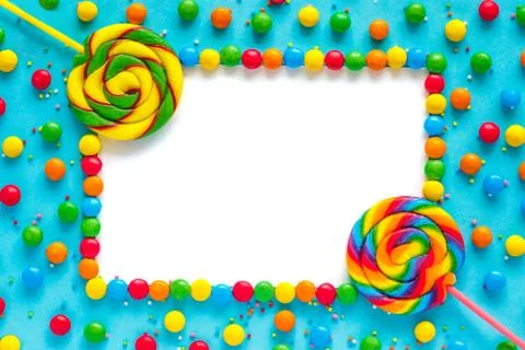 Rainbow candy background, frame mockup isolated, greeting card Foto stock