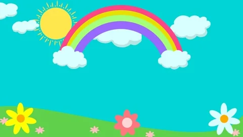 Rainbow cartoon animation on cloudy sky and meadow flowers for kids Video stock 289520701