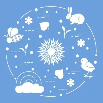 Rainbow, chicken, rabbit, bee. Spring theme. Stock Illustration