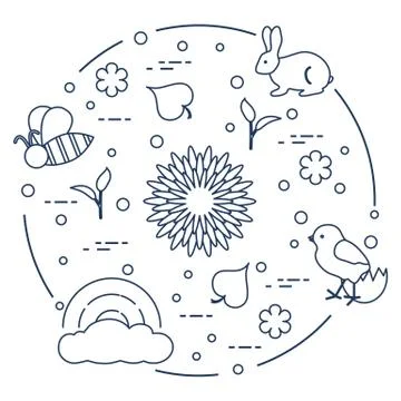 Rainbow, chicken, rabbit, bee. Spring theme. Stock Illustration