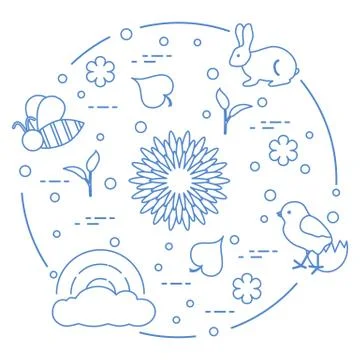 Rainbow, chicken, rabbit, bee. Spring theme. Stock Illustration