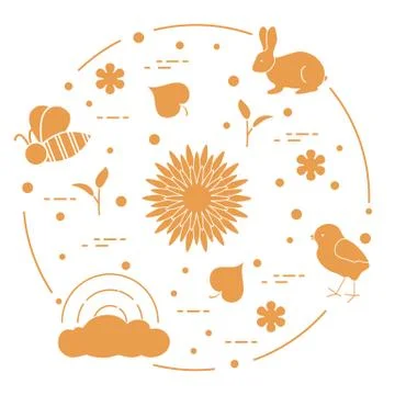 Rainbow, chicken, rabbit, bee. Spring theme. Stock Illustration