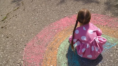 Rainbow child hand drawing chalk asphalt, child kid childhood dream, little Stock Footage 277562694