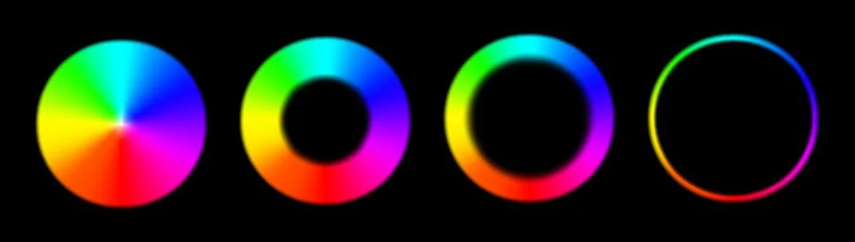 Rainbow circle radial gradient frames pack isolated on black background. Vibrant Stock Illustration