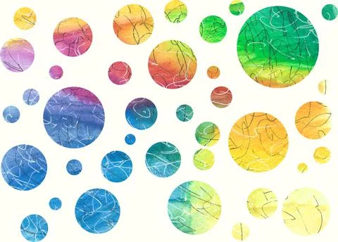 Rainbow circles background, dense bright watercolor colorful bubbles Stock Illustration