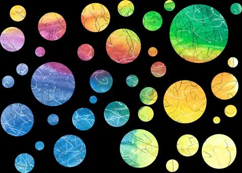 Rainbow circles background, dense bright watercolor colorful bubbles, hand Stock Illustration