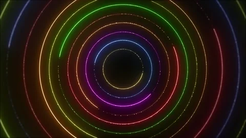 Rainbow circular light tunnel visual multicolor neon arcs, dotted particles, and Stock Footage 340567536