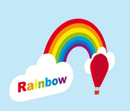 Rainbow with cloud and air balloon with perspective. vector Stock Illustration