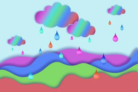 Rainbow cloud and multi-colored raindrops, hand-drawn Stock Illustration