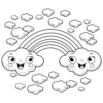 Rainbow cloud characters. Vector black and white coloring page. Stock Illustration