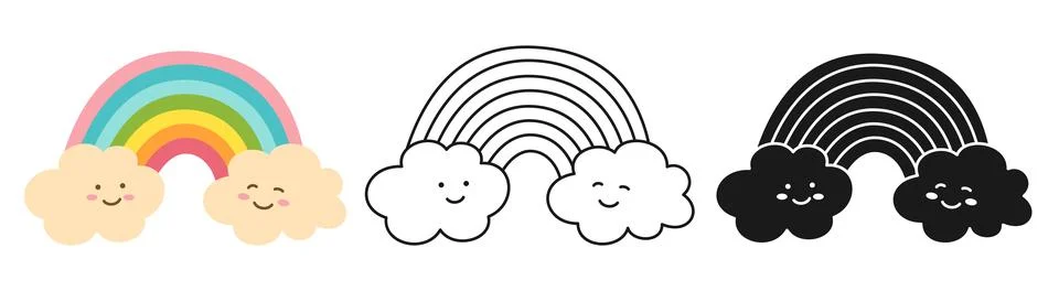 Rainbow cloud icon kids set line silhouette symbol cute weather element baby Stock Illustration