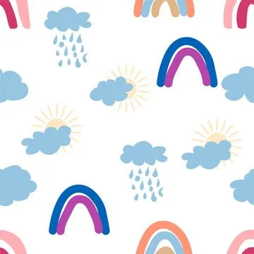Rainbow, cloud, sun seamless pattern for newborns. Cute and delicate design f Stock Illustration