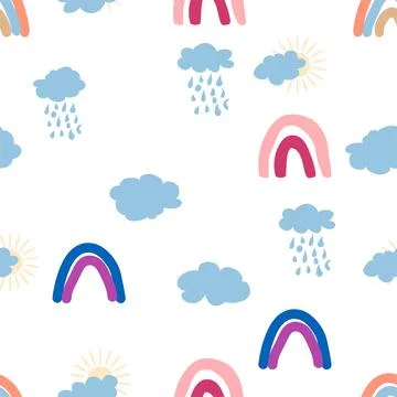 Rainbow, cloud, sun seamless pattern for newborns. Cute and delicate design f Stock Illustration