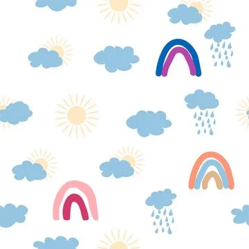Rainbow, cloud, sun seamless pattern for newborns. Cute and delicate design.. 스톡 일러스트