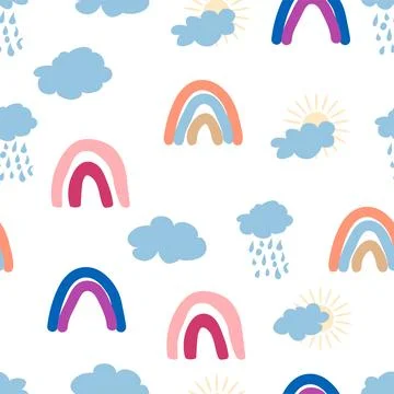 Rainbow, cloud, sun seamless pattern for newborns. Cute and delicate design.. Stock Illustration