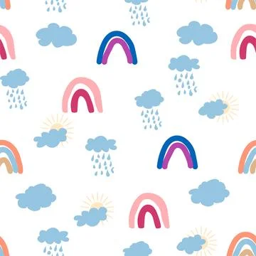 Rainbow, cloud, sun seamless pattern for newborns. Cute and delicate design f 스톡 일러스트