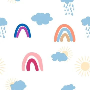 Rainbow, cloud, sun seamless pattern for newborns. Cute and delicate design f Stock Illustration