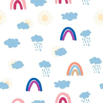 Rainbow, cloud, sun seamless pattern for newborns. Cute and delicate design f Stock Illustration