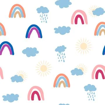 Rainbow, cloud, sun seamless pattern for newborns. Cute and delicate design.. Stock Illustration