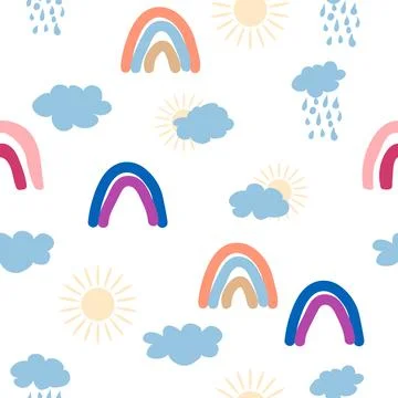 Rainbow, cloud, sun seamless pattern for newborns. Cute and delicate design f Stock Illustration