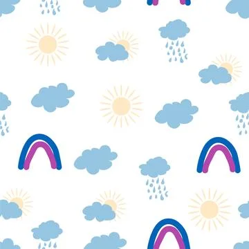 Rainbow, cloud, sun seamless pattern for newborns. Cute and delicate design.. 库存插图