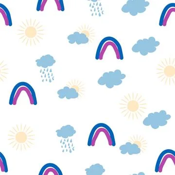 Rainbow, cloud, sun seamless pattern for newborns. Cute and delicate design f Stock Illustration