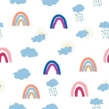 Rainbow, cloud, sun seamless pattern for newborns. Cute and delicate design f Stock Illustration