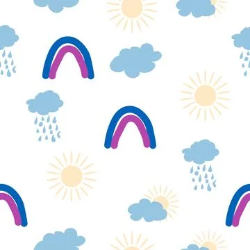 Rainbow, cloud, sun seamless pattern for newborns. Cute and delicate design.. Stock Illustration