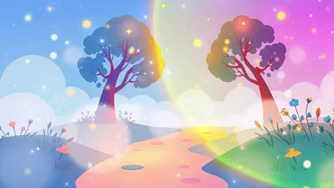 Rainbow Cloud Tree Pass: Cartoon Clouds, Trees and a Curved Path Stock Footage 307472303