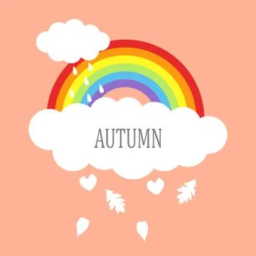 Rainbow with clouds and falling leaves Stock Illustration