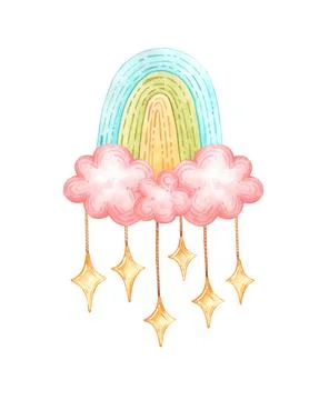 Rainbow with clouds and hanging stars watercolor Illustrazione stock