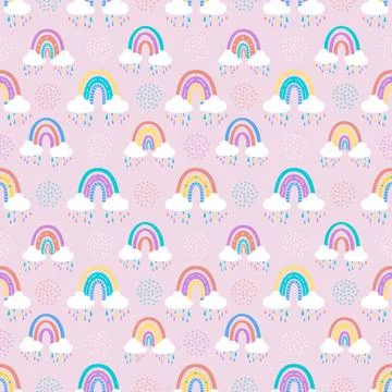 Rainbow with clouds and raindrops, doodles and circles in a seamless pattern. Stock Illustration