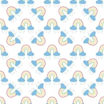 Rainbow with clouds and raindrops seamless pattern Stock Illustration