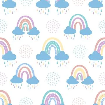 Rainbow with clouds and raindrops seamless pattern Stock Illustration