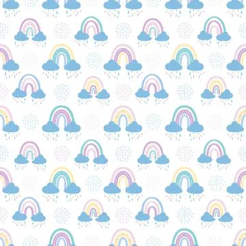 Rainbow with clouds and raindrops seamless pattern Stockillustratie
