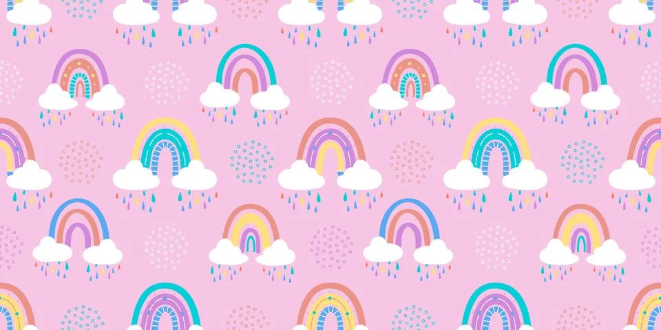 Rainbow with clouds and raindrops seamless pattern 스톡 일러스트
