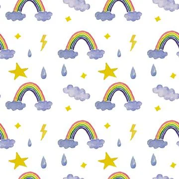 Rainbow with clouds and stars Stock Illustration