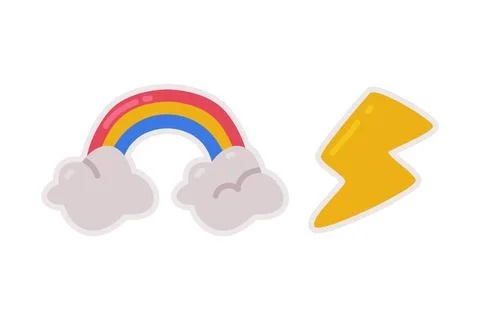Rainbow with Clouds and Yellow Lightning as Cute Fashion Sticker and Patch Stock Illustration