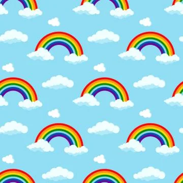 Rainbow with clouds at the ends seamless pattern on sky blue background. Stock Illustration