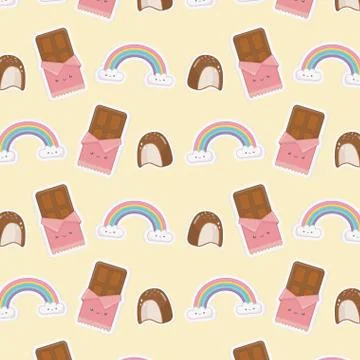 Rainbow with clouds kawaii characters and chocolates bars pattern Stock Illustration